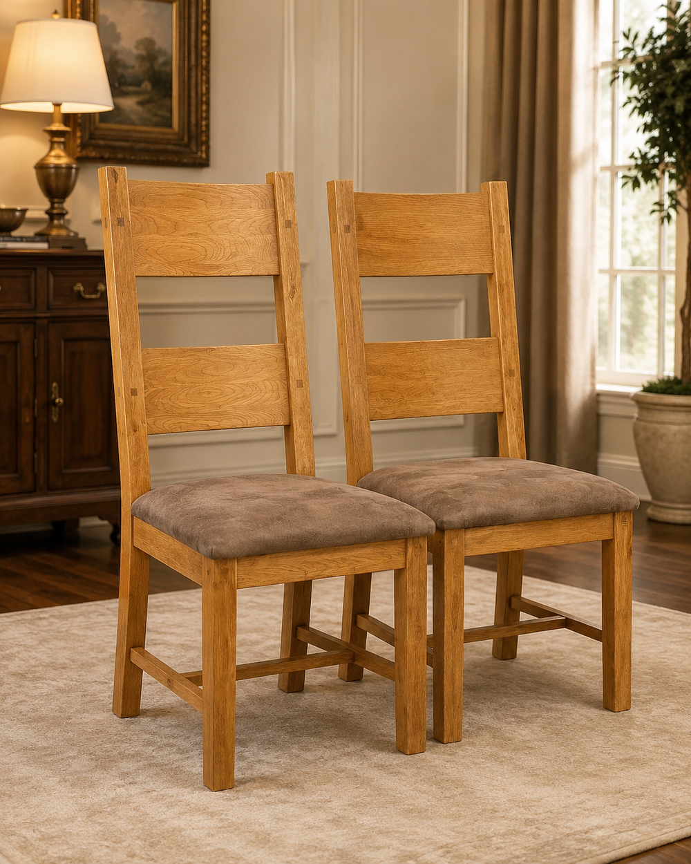 Lot 436: A pair of oak or light wood high-back dining side chairs