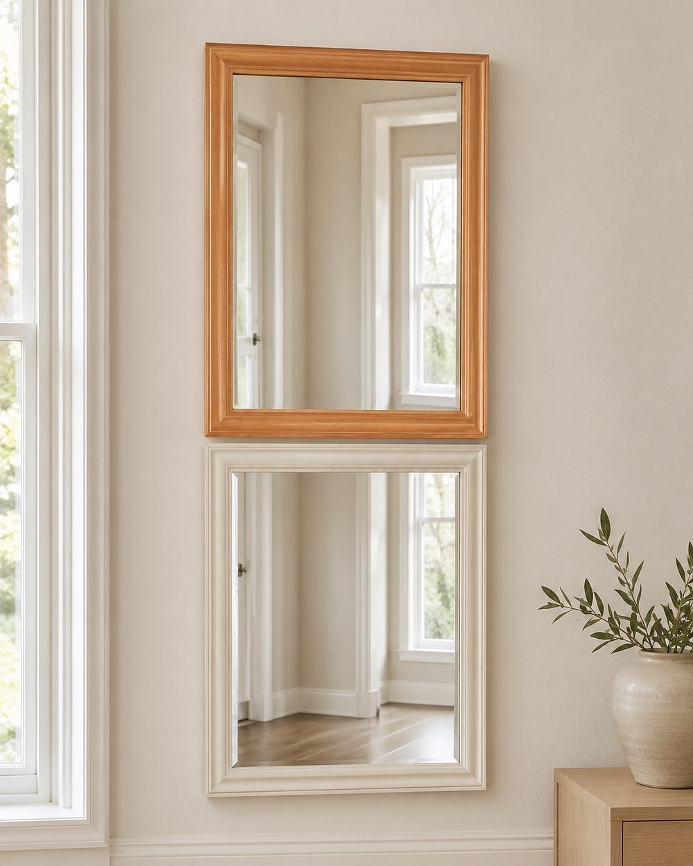 Lot 457: A pair of small, upright rectangular wall mirrors