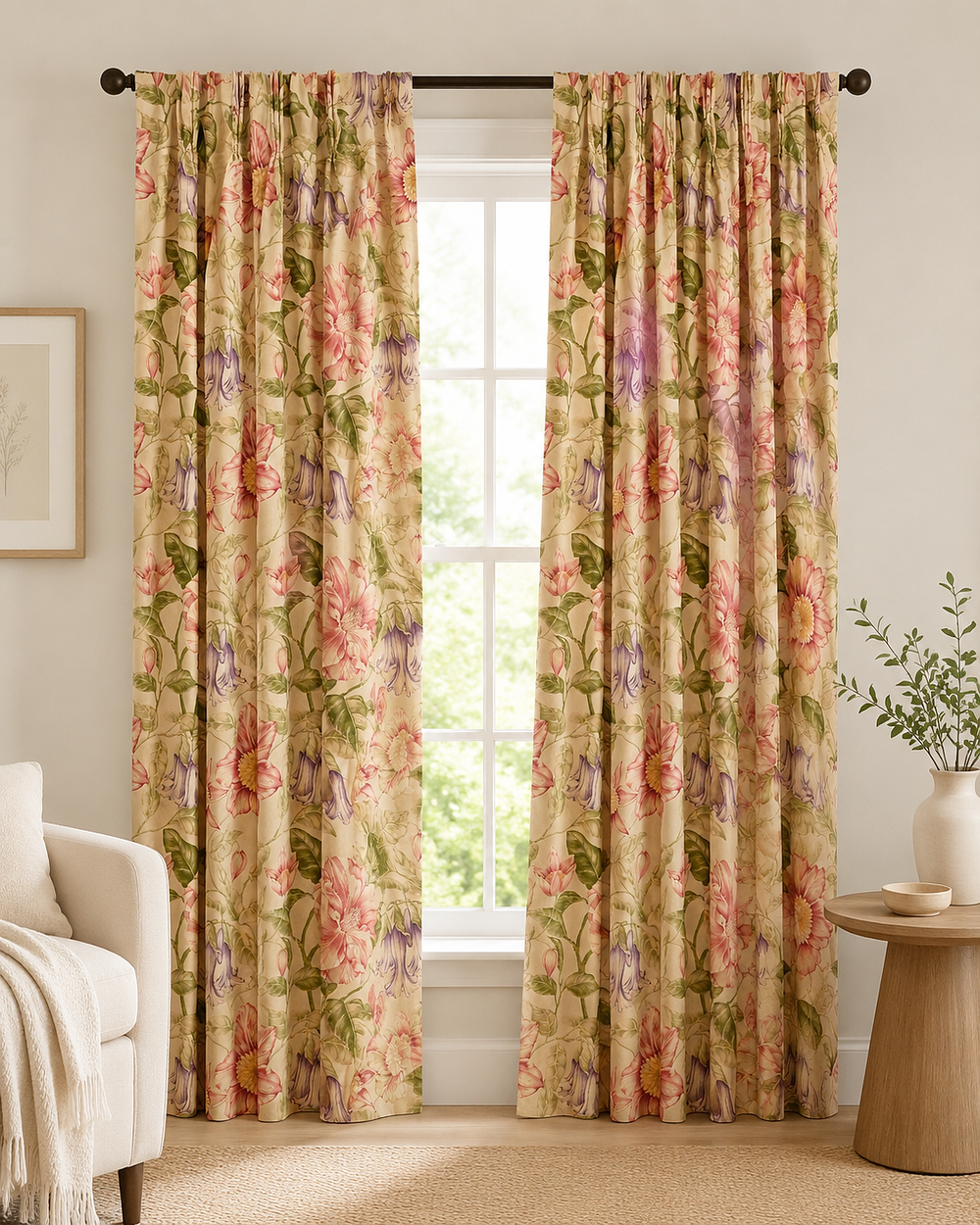 Lot 463: A pair of large, heavy lined fabric window curtains