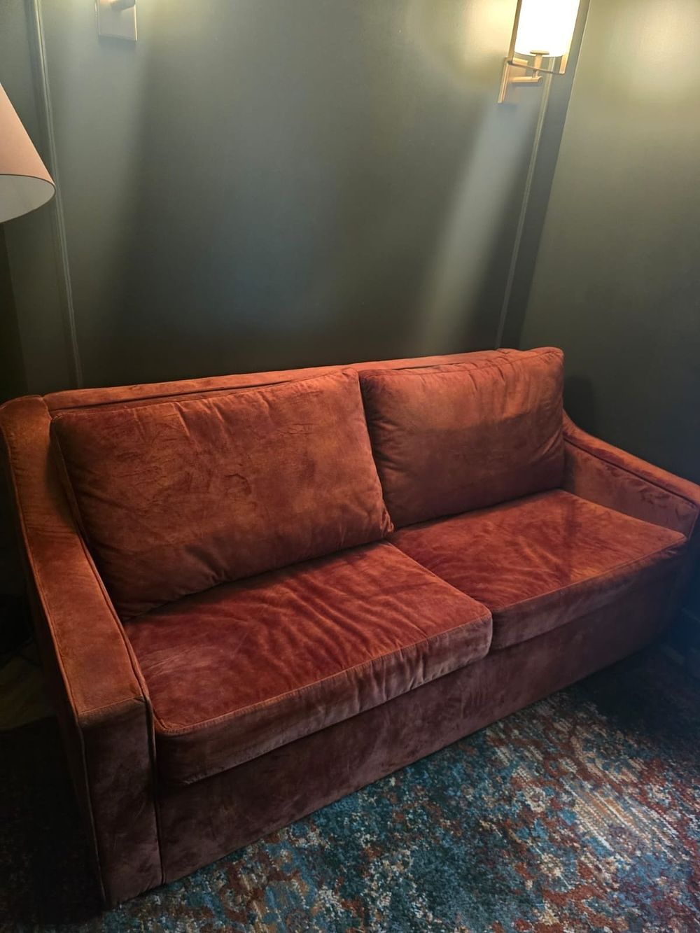 Lot 781: Sofa Bed - Rust Velvet Upholstered Sofa Bed Custom-manufactured to exceptional hospitality standards
