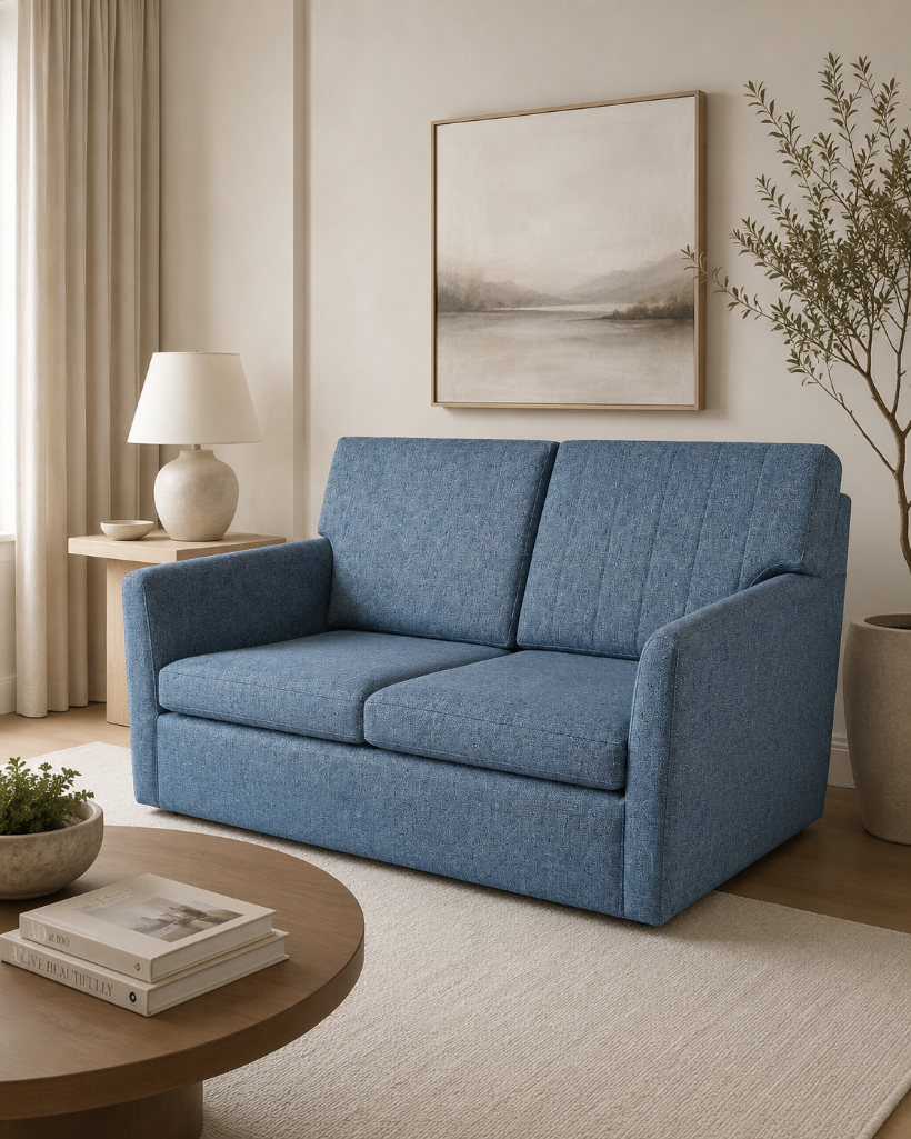 Lot 221: Contemporary Two-Seater Sofa Bed in Azure Textured Weave highly versatile two-seater sofa bed