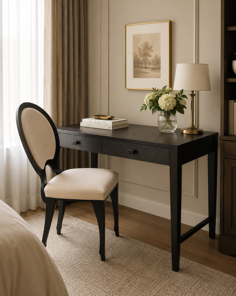 Lot 324: Writing desk and chair made in Italy the desk features soft close drawers and a tempered