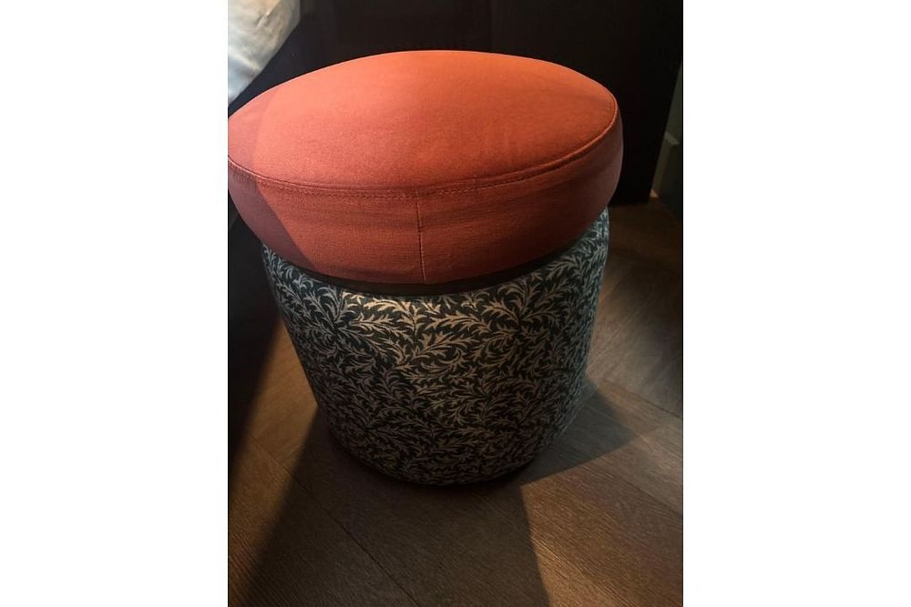 Lot 342: Contemporary Dual-Fabric Circular Pouffe / Dressing Table Stool red top teal body (43 x 48cm) Inject