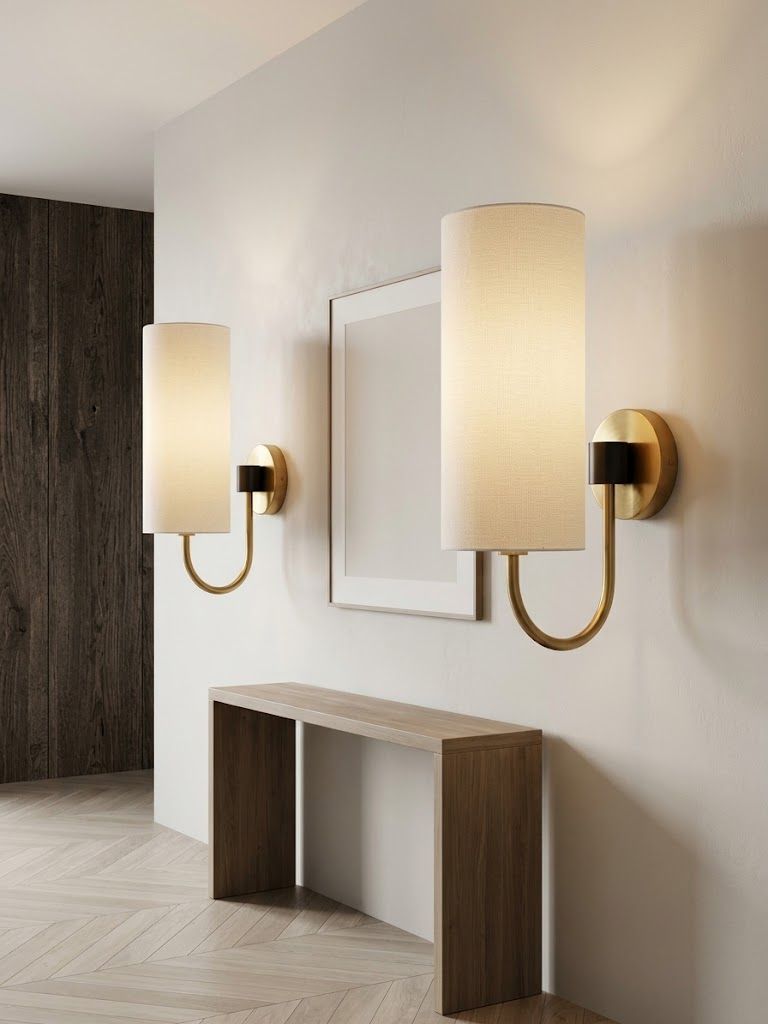 Lot 486: Pair of Chelsom 'Daytona' Brass Wall Lights each fixture features a tall