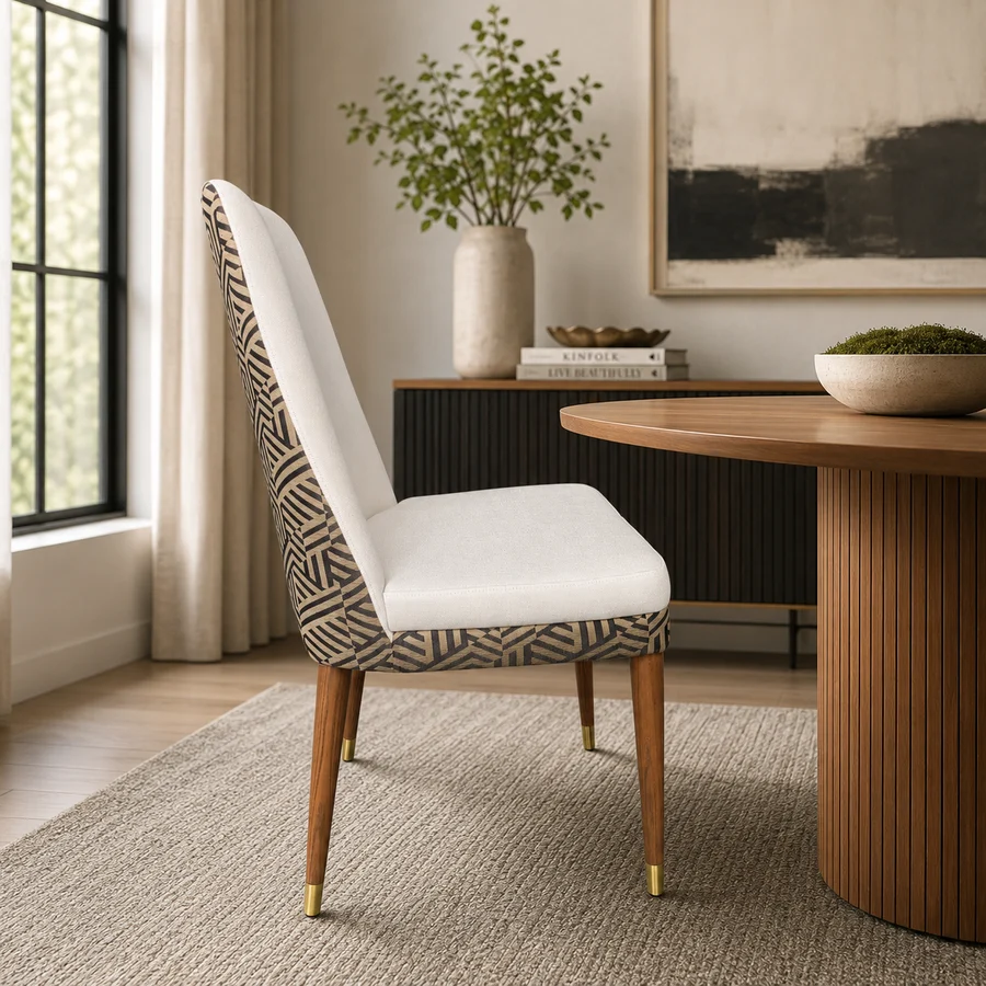 Lot 1019: Cody Chair Cody Chair, features-upholstered in a soft cream woven fabric on the seat and inner