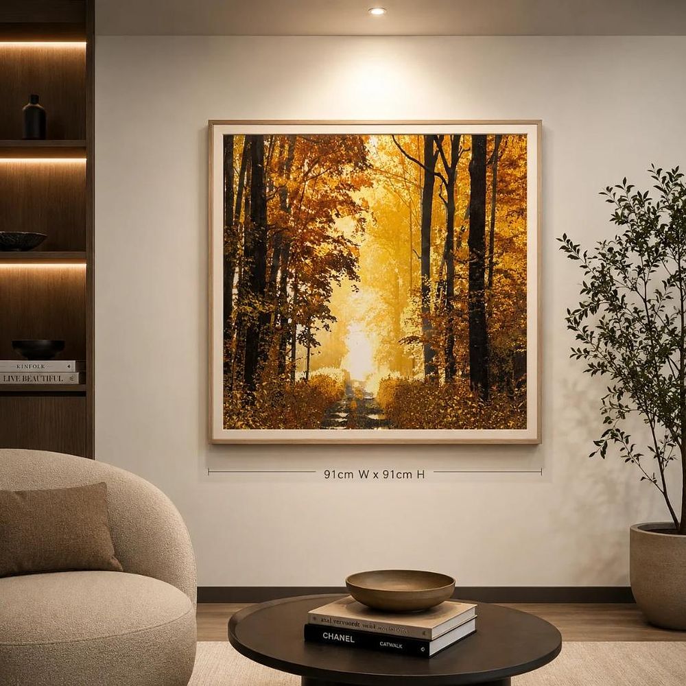 Lot 1049: Golden Trees with distressed wood frame Wall Art Radiant Golden Trees Wall Art piece