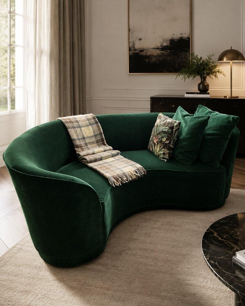 Lot 1099: A contemporary forest green crescent-shaped curved sofa