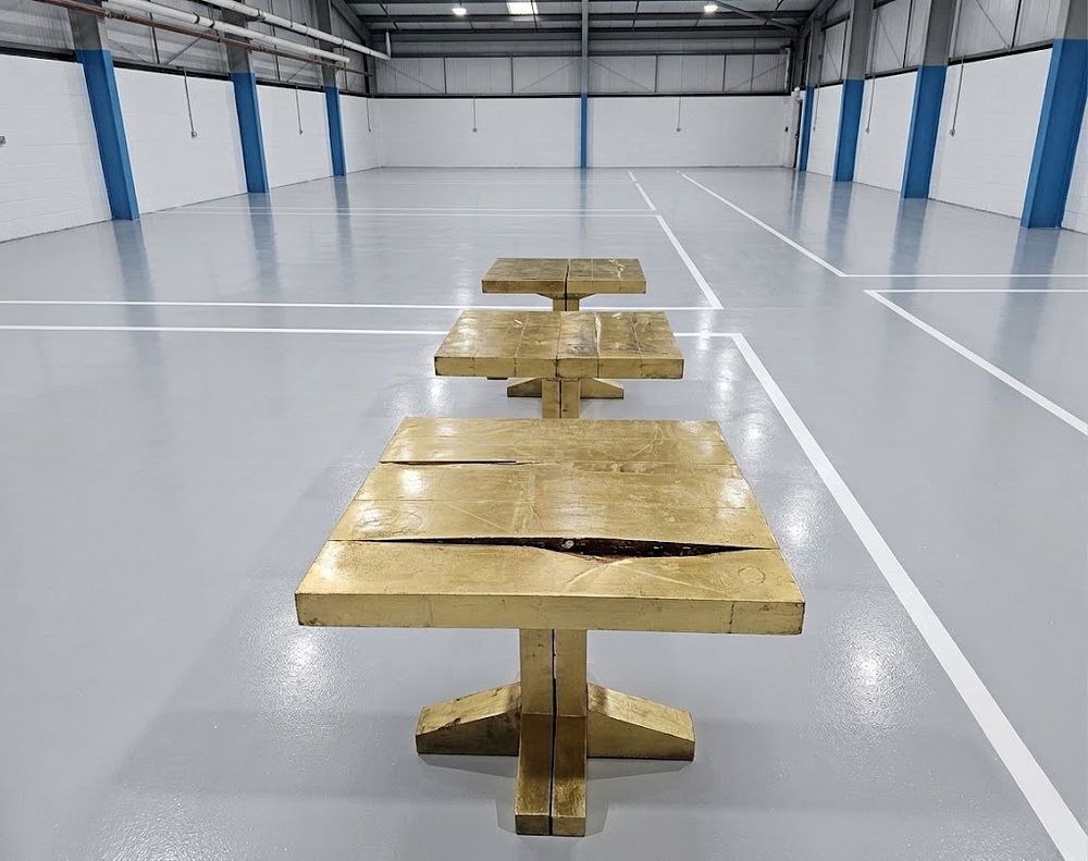 Lot 1154: Set of 3 Bespoke Tom Dixon Design Research Studio Brass-Clad Dining Tables (Ex-Sea Containers