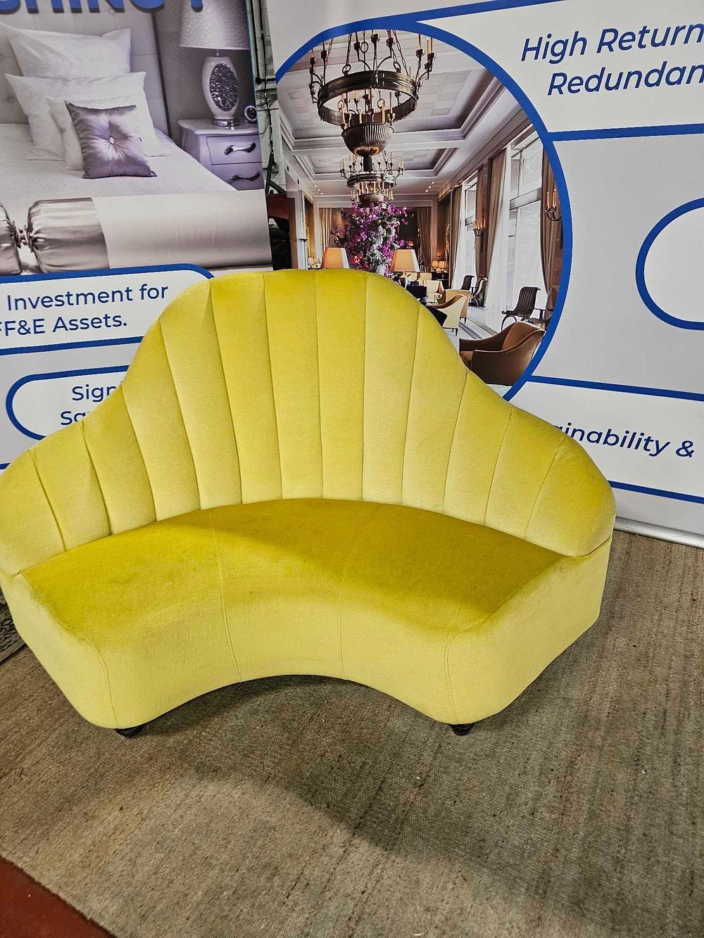 Lot 1171: Set of 4 Bespoke Curved Yellow Velour 'Shell-Back' Banquette Sofas