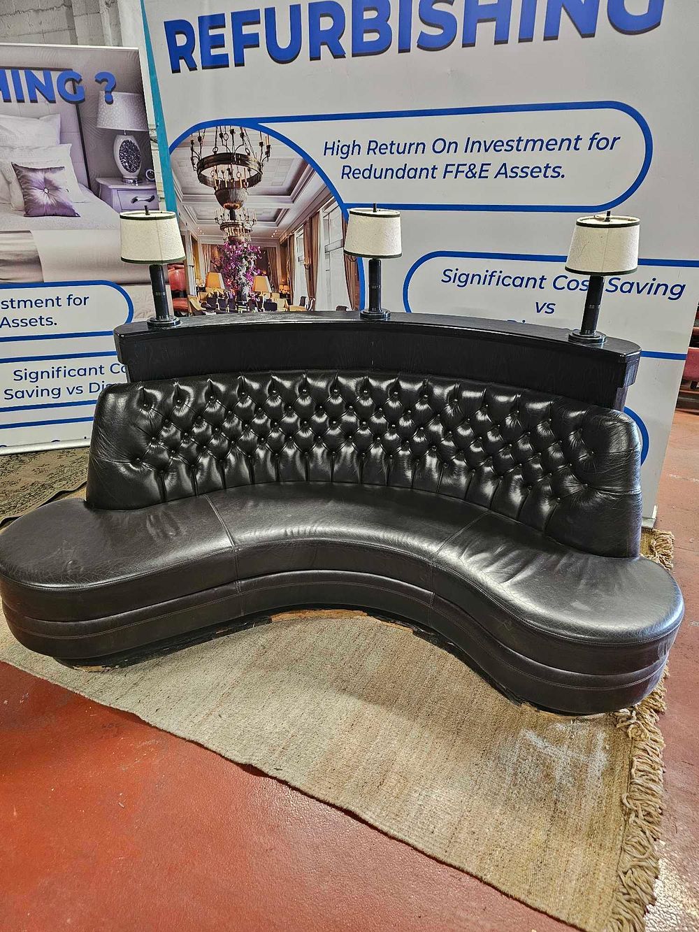 Lot 1176: Bespoke 4-Seat Black Leather Chesterfield Half-Moon Banquette Booth with Integrated Lighting (Ex