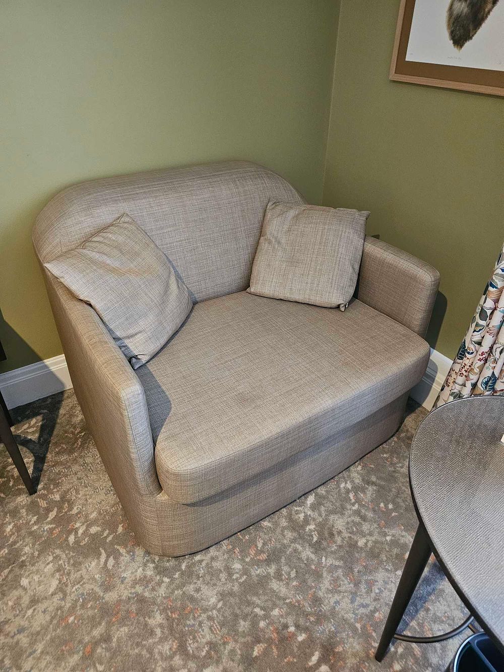 Lot 224: Compact Modern Snuggler Sofa Bed in Taupe Chenille versatile "love seat" style sofa bed