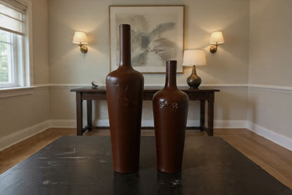 Lot 499: Pair of "Finerva" Extra-Large Tapered Metal Floor Vases