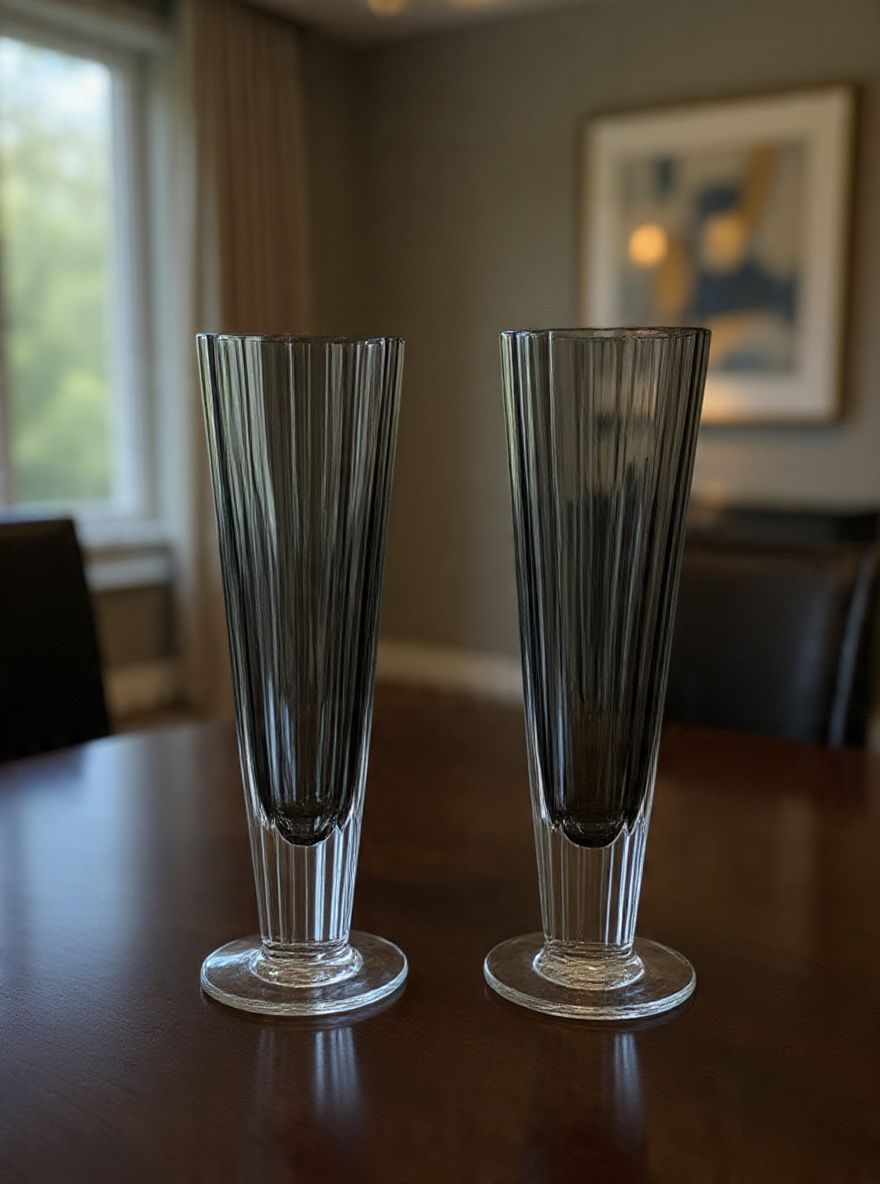 Lot 507: Pair of Mid-Century Modernist Style Fluted Glass Trumpet Vases