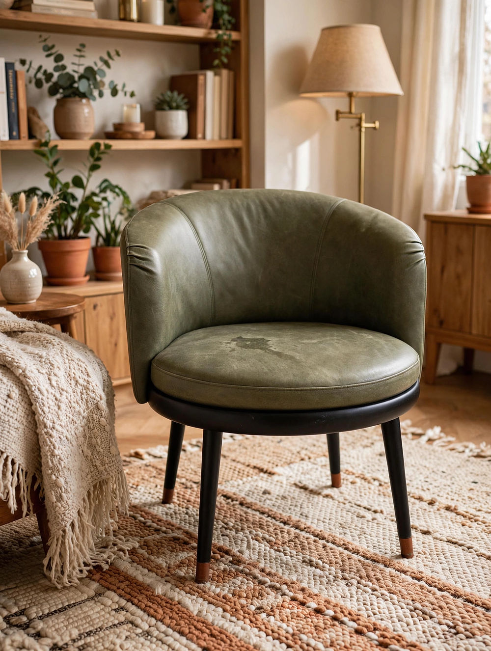 Lot 604: A classic green leather tub chair on tapered dark wooden legs