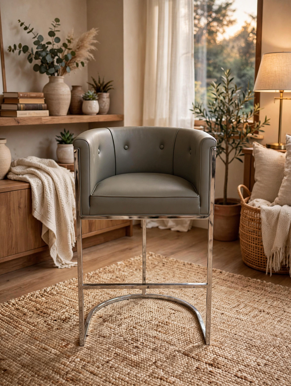 Lot 607: A low-back grey leather bar stool