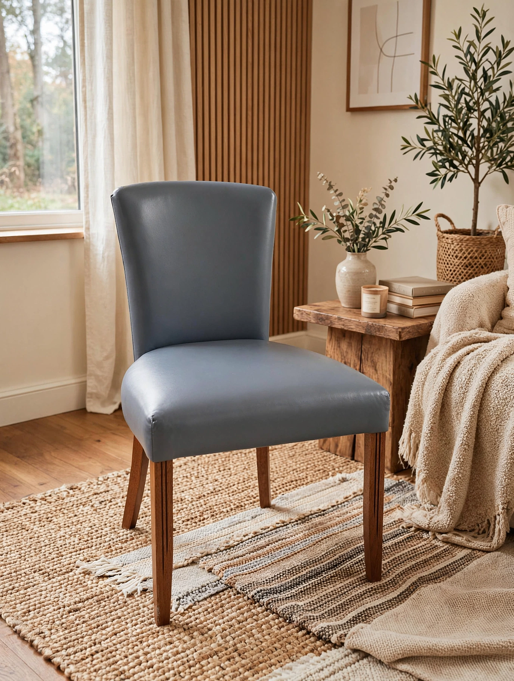 Lot 619: A minimalist blue leather upholstered side chair without arms