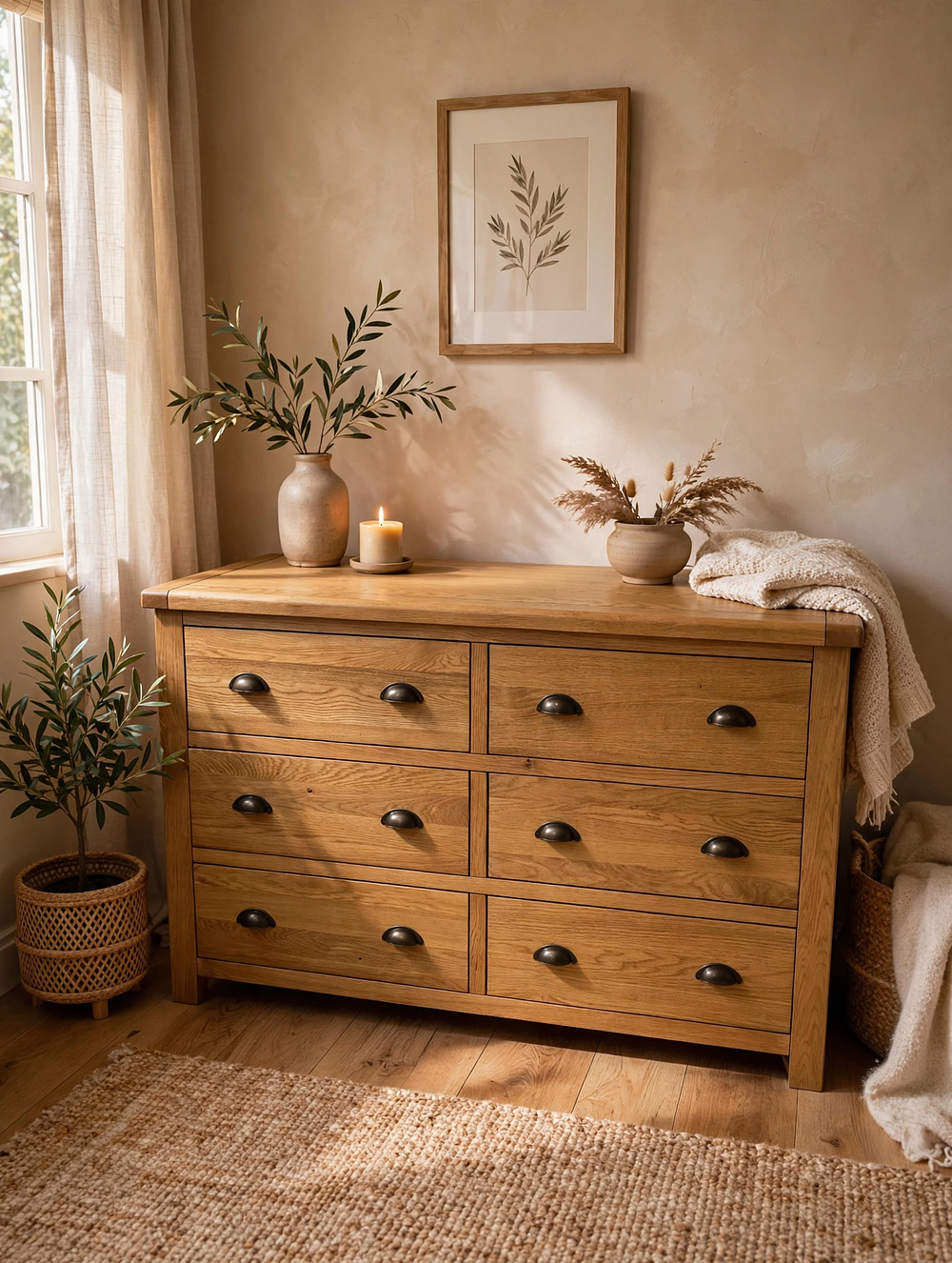 Lot 626: A contemporary light oak wood sideboard configured with a spacious top surface over a six-drawer