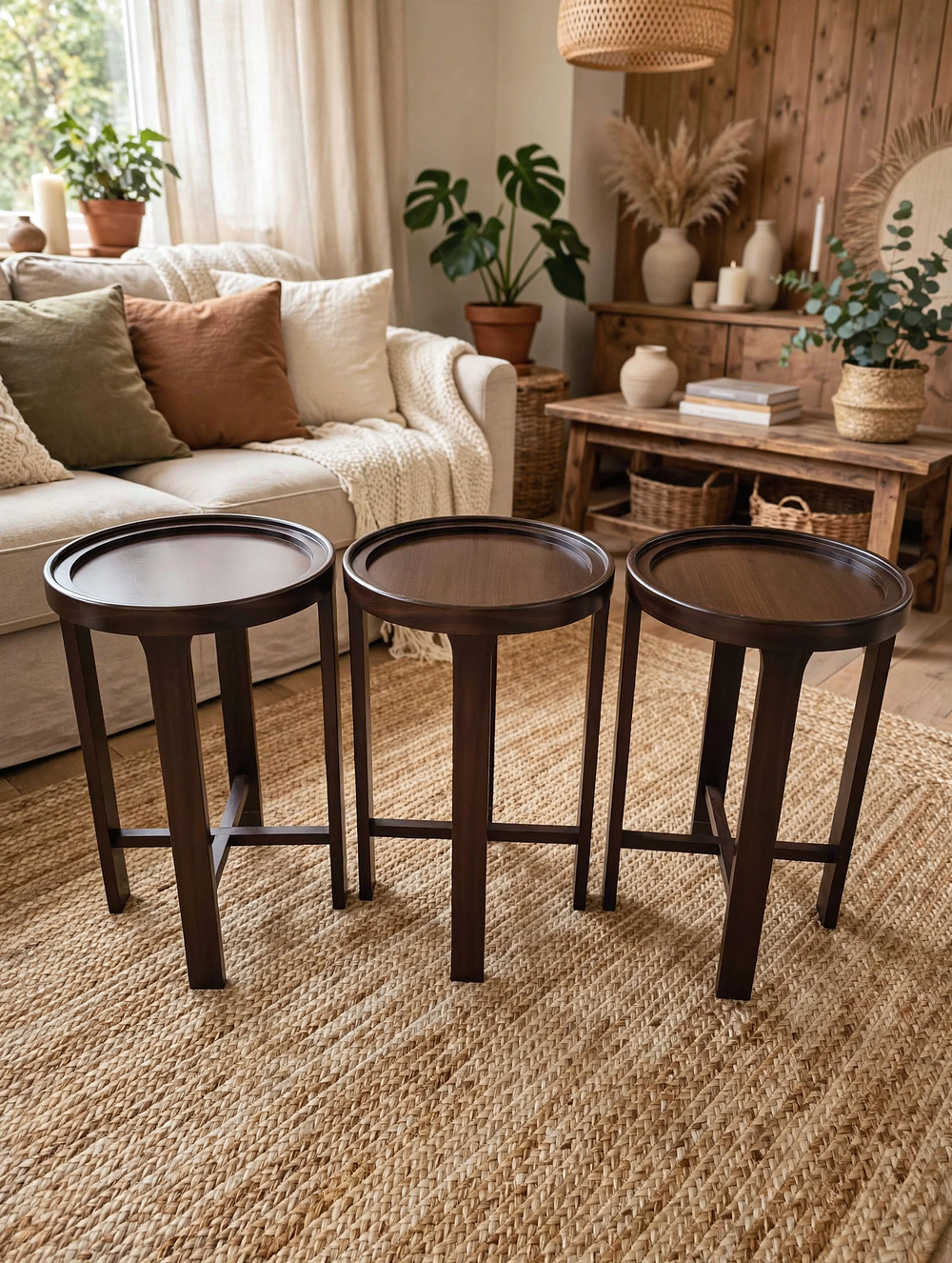 Lot 629: 3 x minimalist round wooden side or accent table