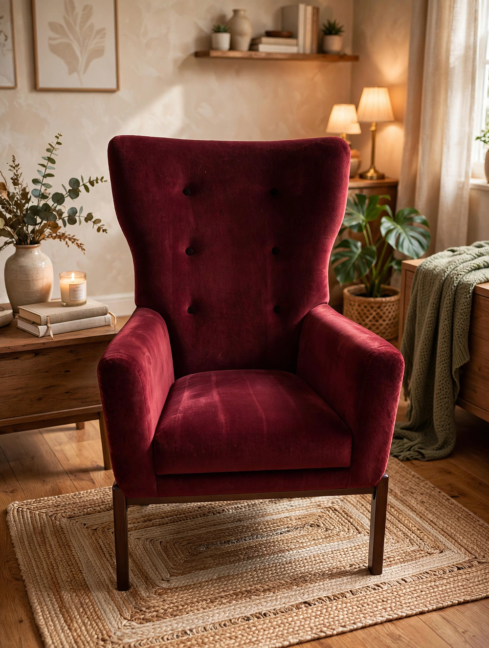 Lot 632: A striking mid-century style statement accent chair fully upholstered in vibrant red velvet fabric