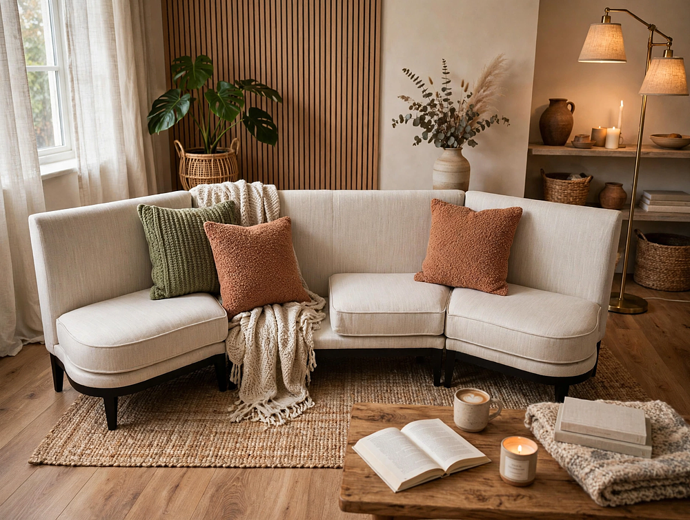 Lot 659: A expansive contemporary curved sectional sofa upholstered in white fabric