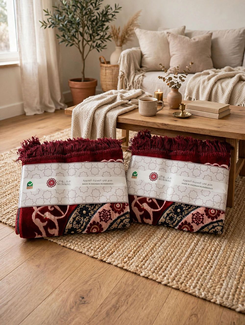 Lot 723: A lot consisting of two new Minwal premium red prayer mats