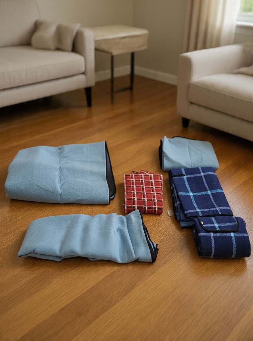 Lot 736: A lot consisting of six folding outdoor picnic blankets in a mixed blue and check-patterned