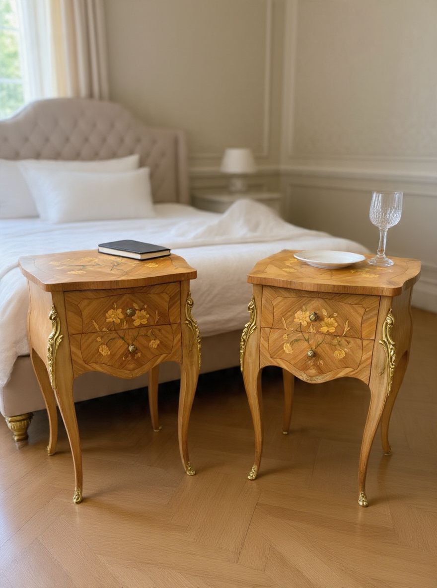 Lot 904: A Pair of Neoclassical Style Olive Ash and Ormolu-Mounted Two-Drawer Bedside Tables