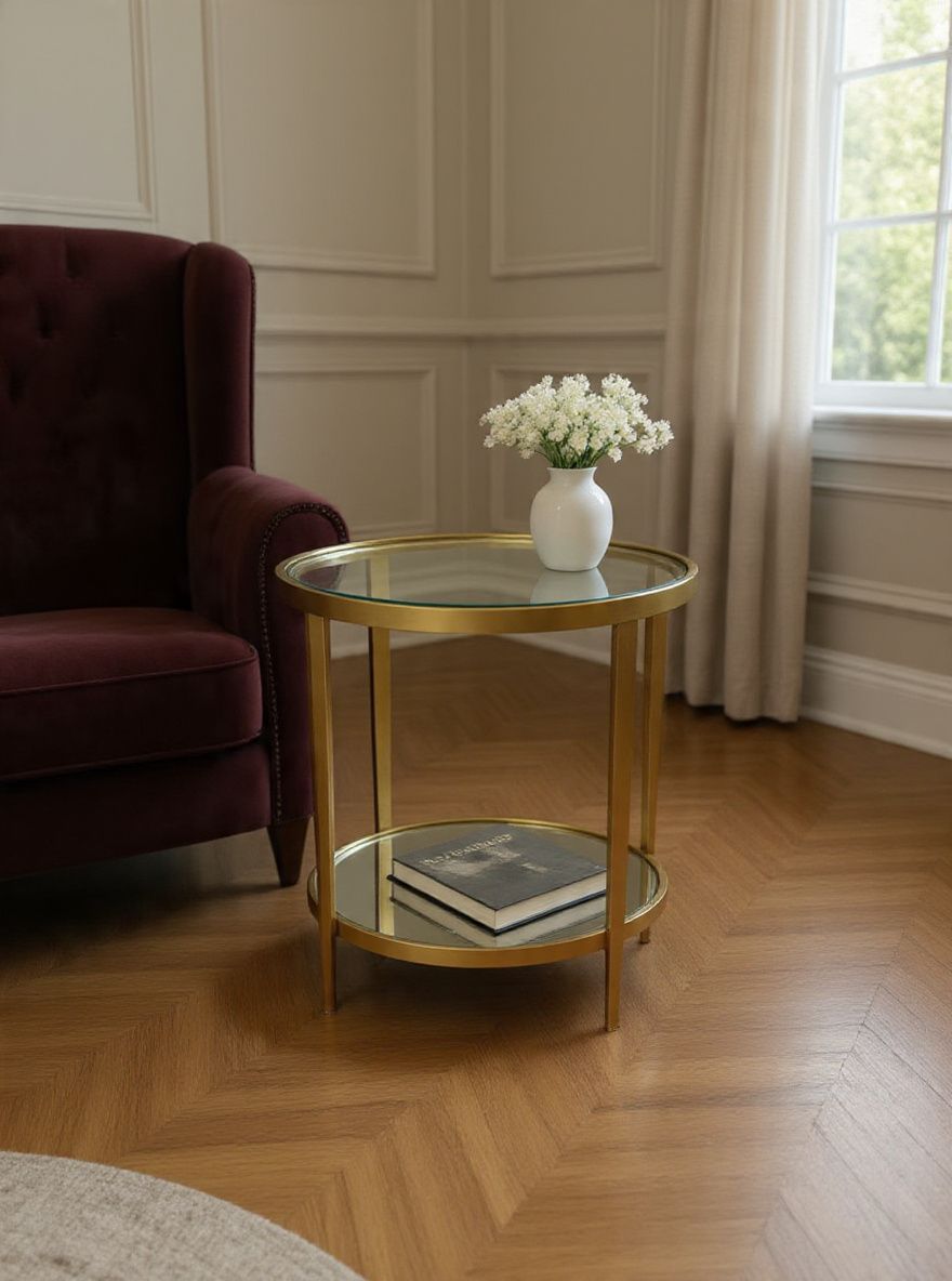 Lot 908: A Mid-Century Neoclassical Style Brass, Glass and Mirror Two-Tier Circular Side Table