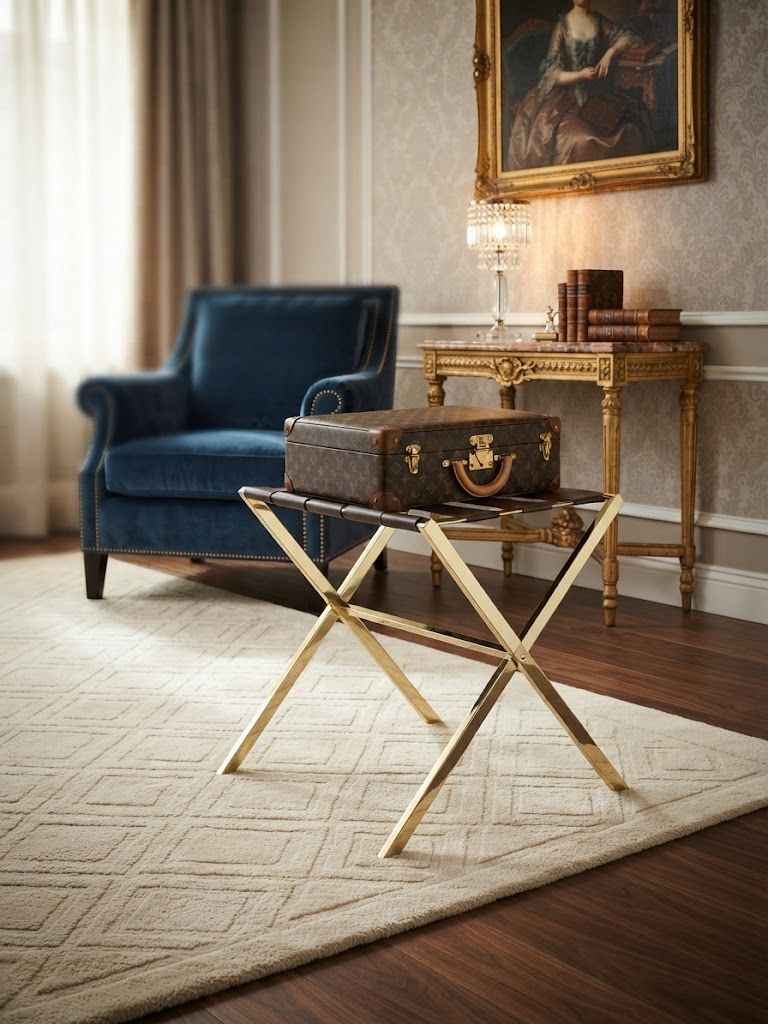 Lot 960: A Set of Ten Contemporary Brass and Leather Luggage Racks