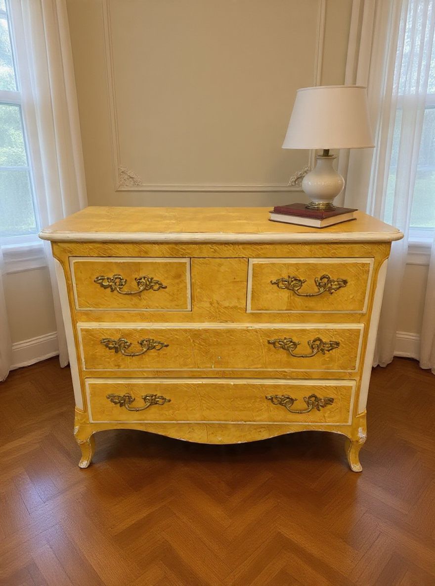 Lot 972: A Louis XV Style Hand-Painted Cream and Ochre Chest of Drawers