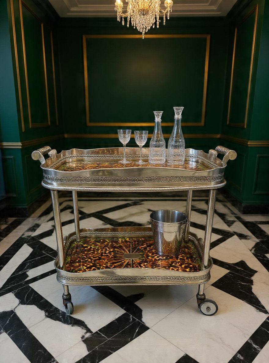 Lot 976: A Continental Neoclassical Style Silver-Plated and Faux-Tortoiseshell Drinks Trolley