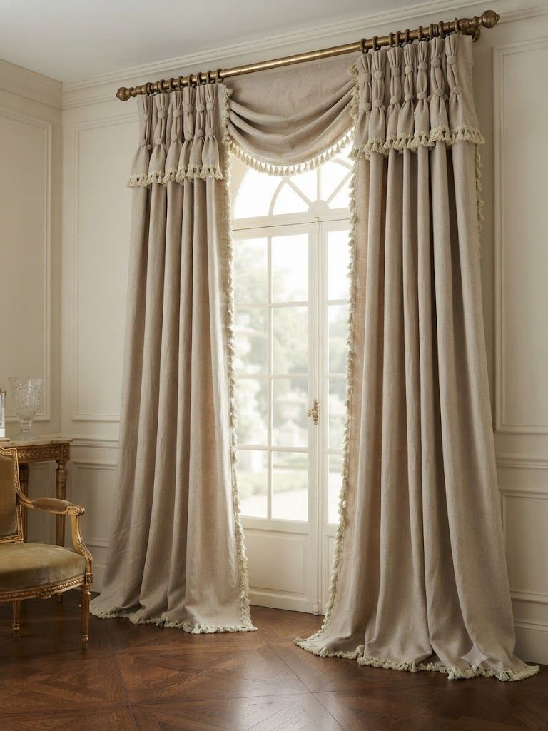 Lot 986: A Pair of Luxury Interlined Beige Curtains with Matching Valance Swag
