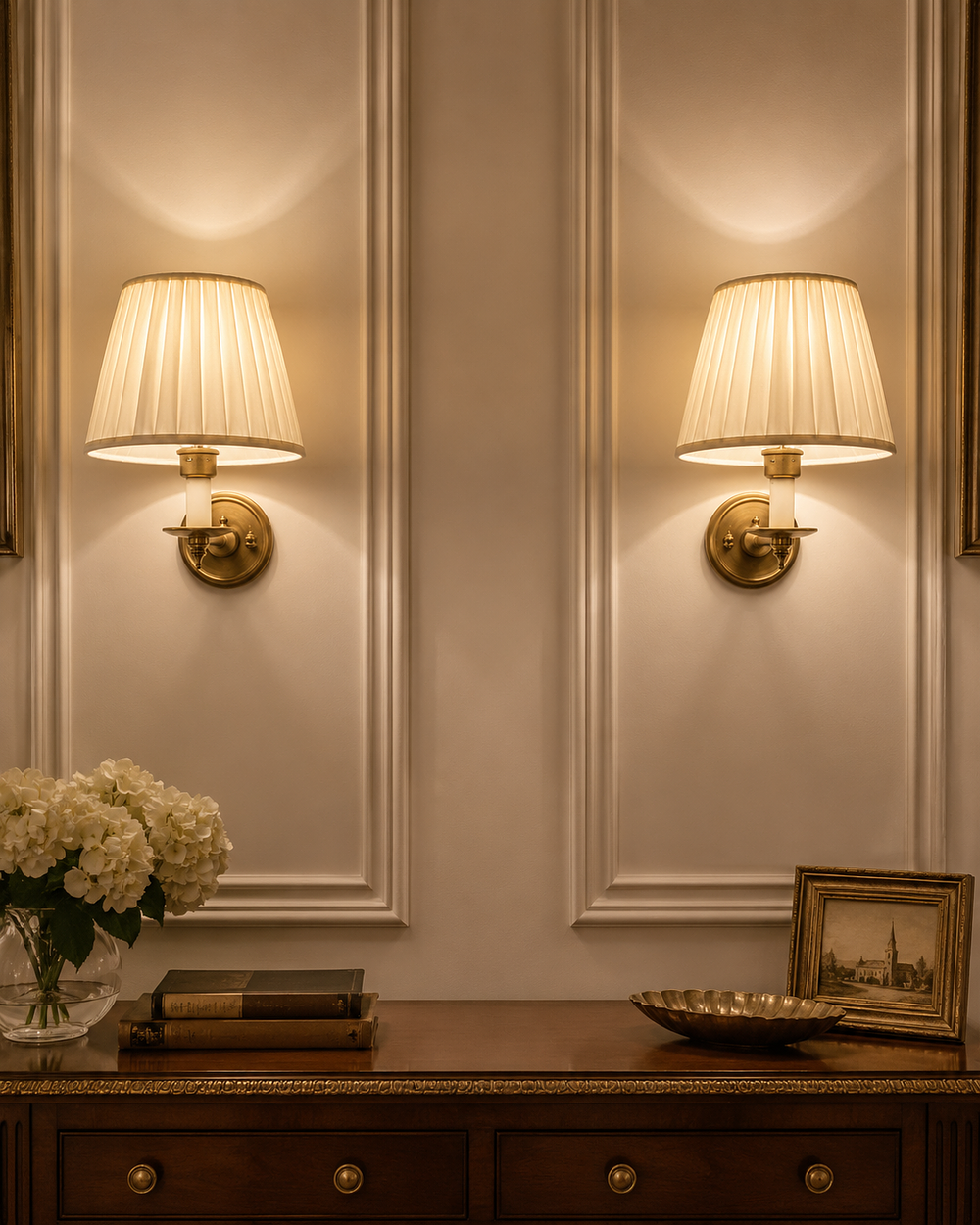 Lot 169: A Pair of Classical Style Antique Brass Swing-Arm Wall Reading Lamps Each lamp features a swivelling