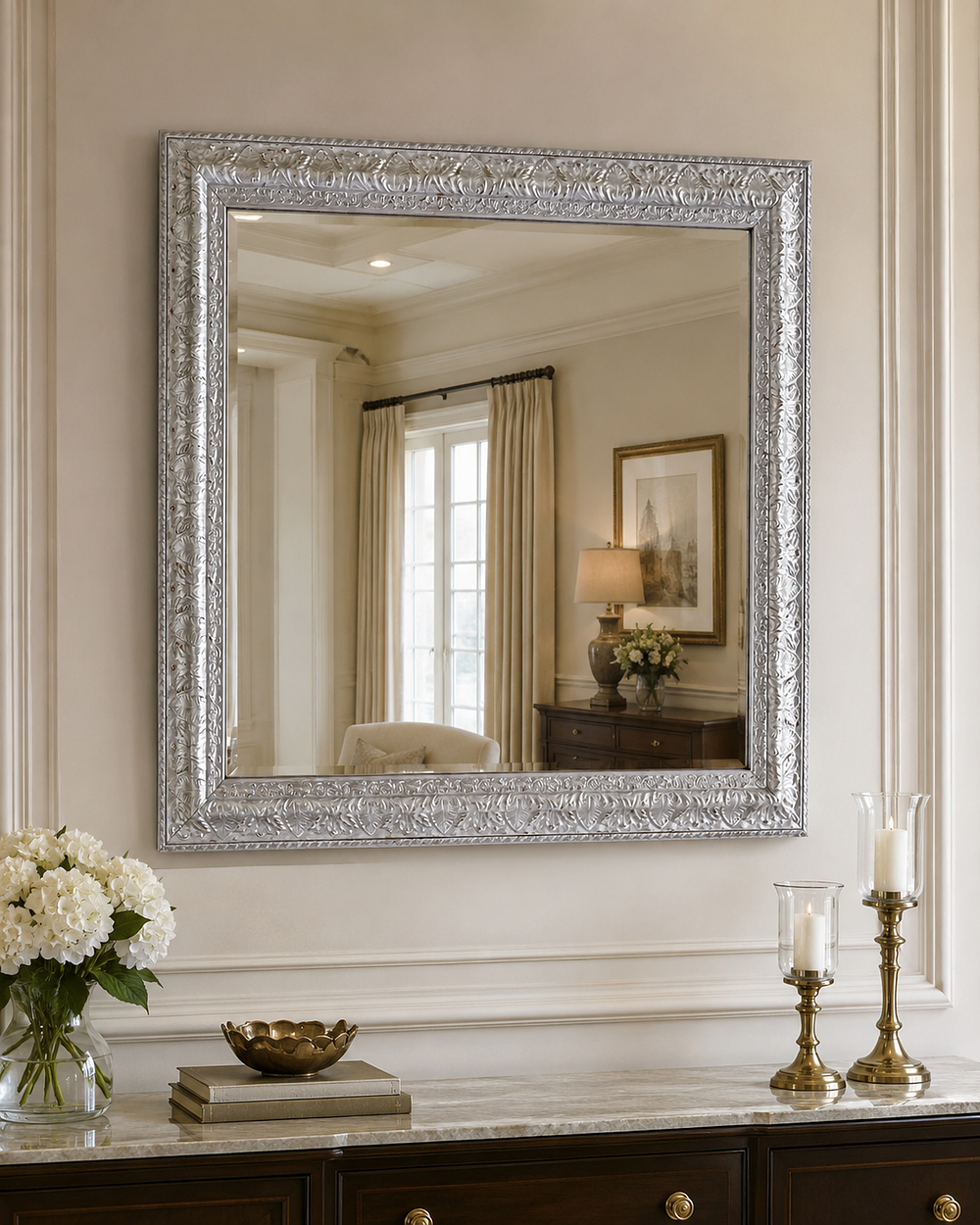 Lot 174: A Venetian Style Silver-Painted Square Wall Mirror