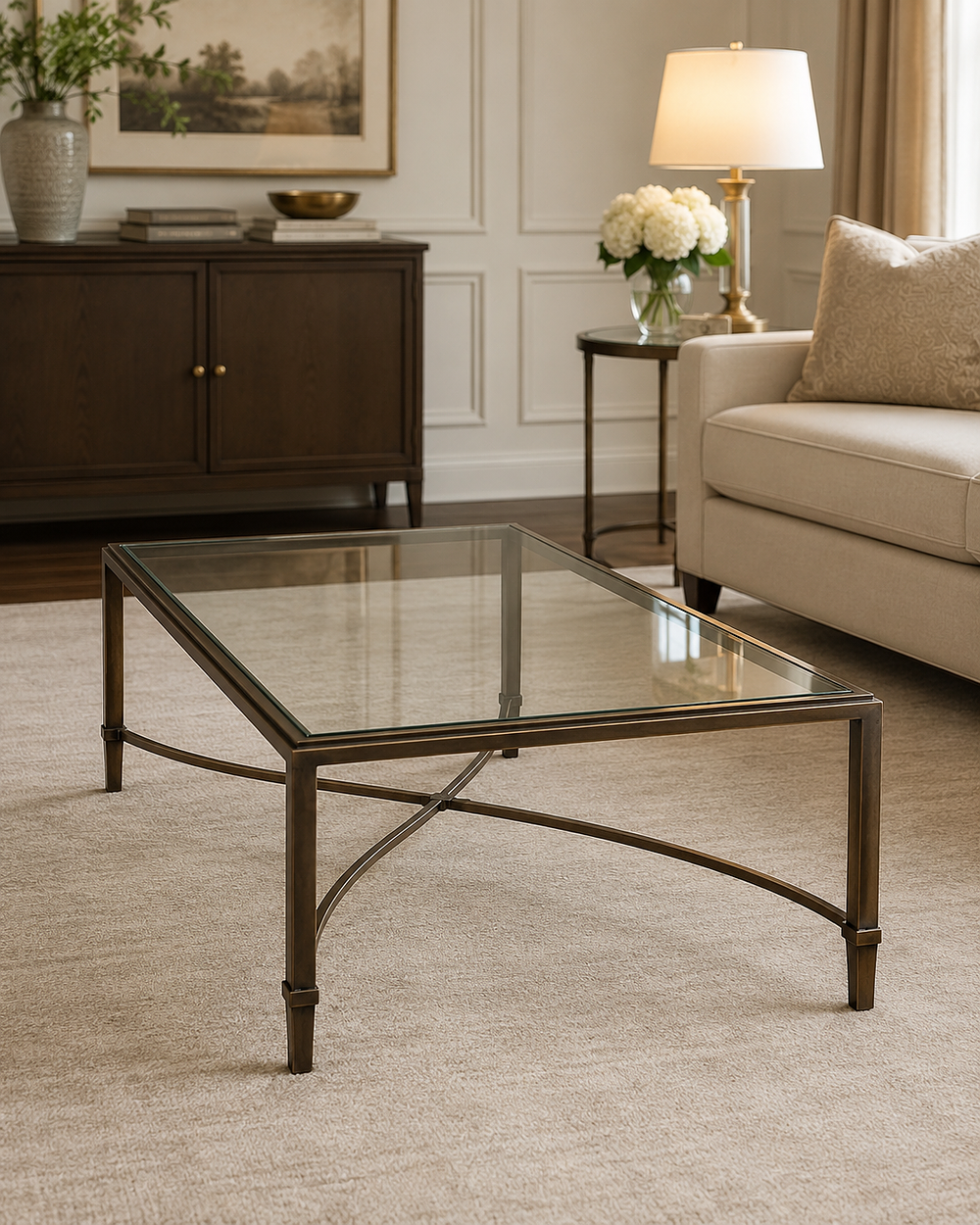 Lot 179: A Contemporary Bronzed Metal and Glass-Topped Coffee Table