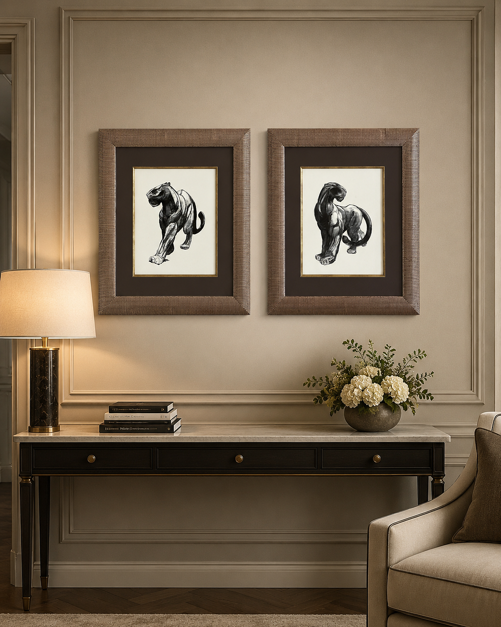 Lot 224: A Pair of Contemporary Art Deco Style Black Panther Prints, After Paul Jouve