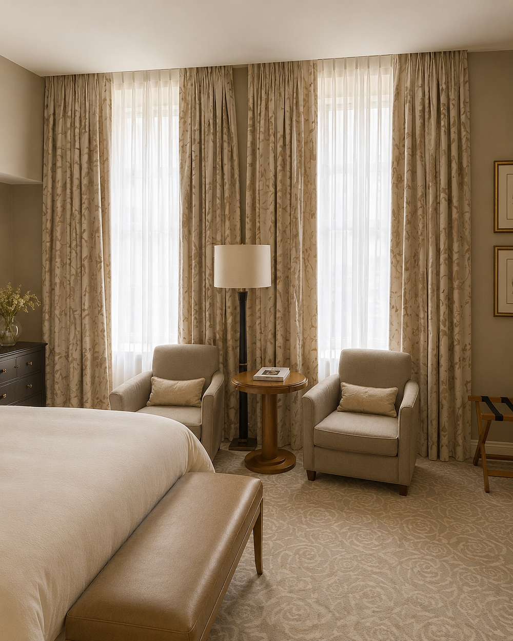 Lot 229: Two Pairs of Luxury Interlined Botanical Silk Drapes with Tailored Trim