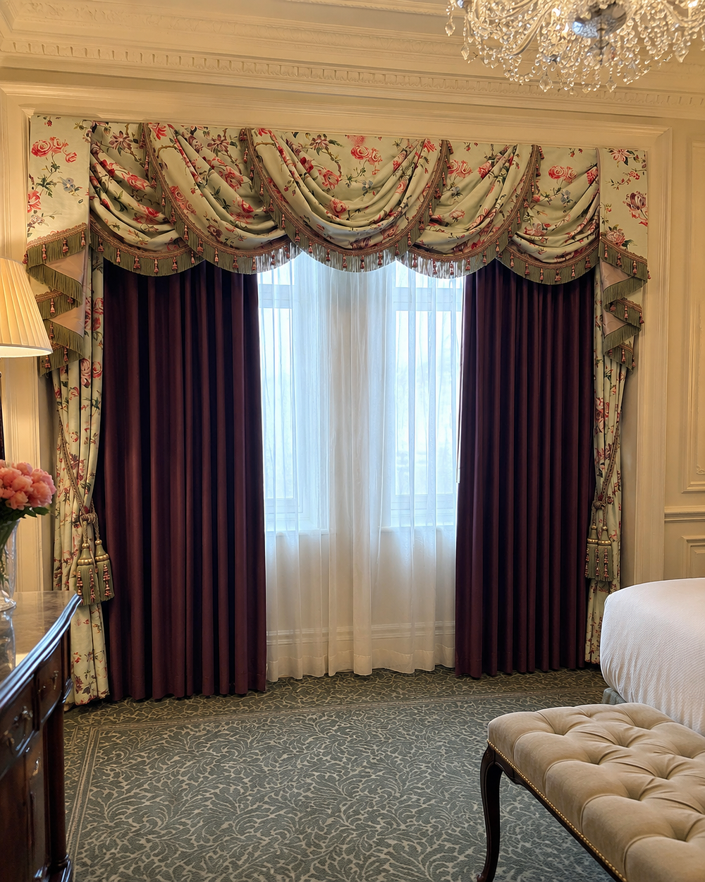 Lot 246: Two Pairs of Luxury Interlined Silk Drapes with Ornate Floral Swags, Tails, and Jabots