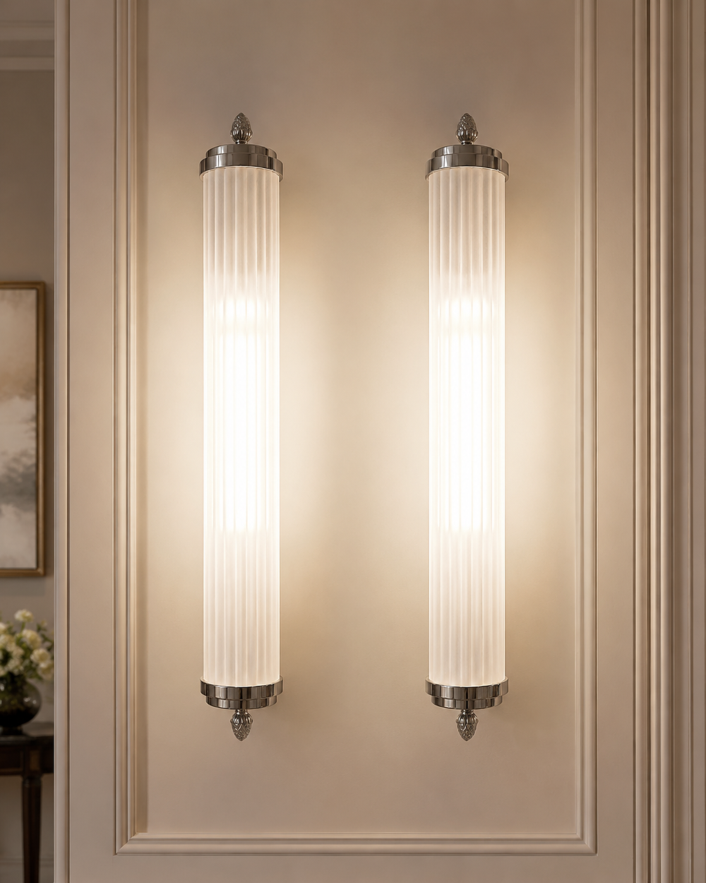 Lot 251: A pair of premium contemporary linear bathroom wall sconces of sleek