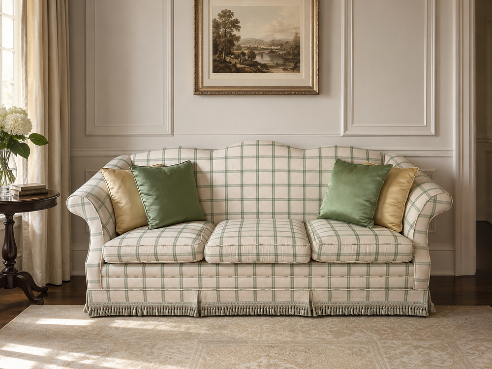 Lot 254: A Chippendale Revival Style Camelback Sofa in Plaid Upholstery