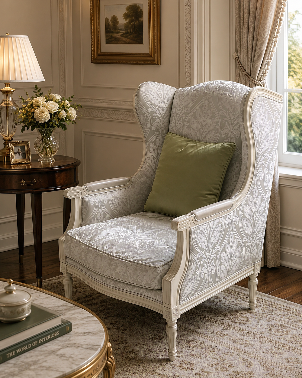 Lot 256: A Louis XVI Style Carved Beechwood Wingback Armchair (Bergère à Oreilles)
