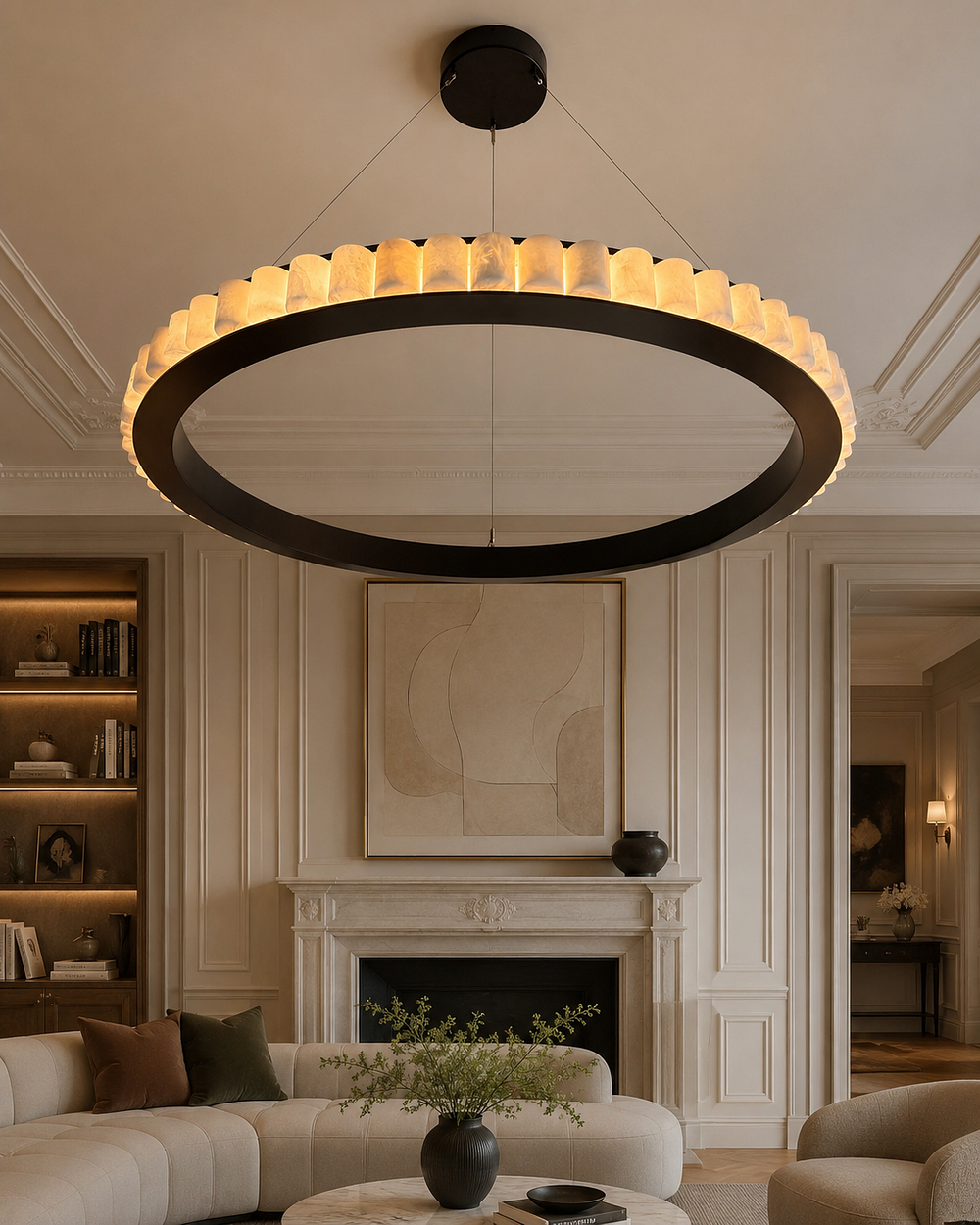 Lot 278: Alabaster and Bronze Halo Pendant Chandelier