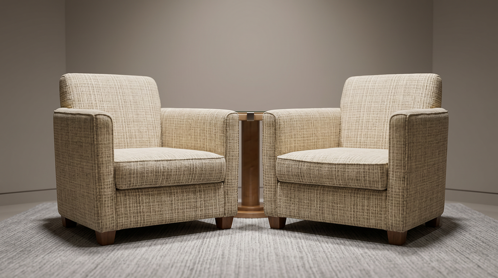 Lot 287: A Pair of Luxury Contemporary Armchairs in Neutral Basketweave Textile