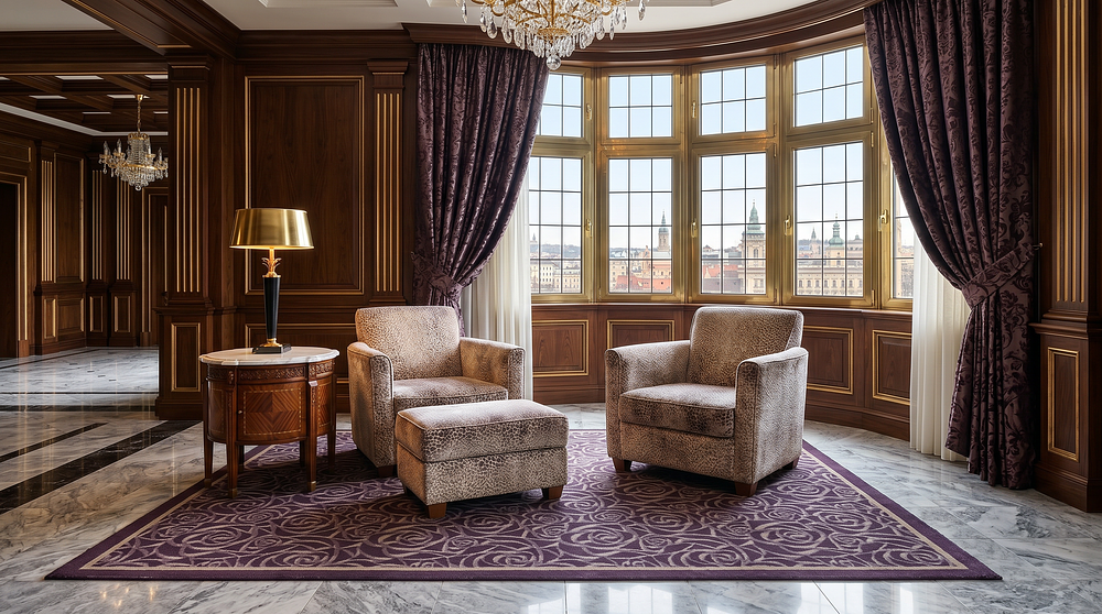 Lot 303: A Pair of Luxury Contemporary Armchairs with a Matching Footstool in Patterned Velour