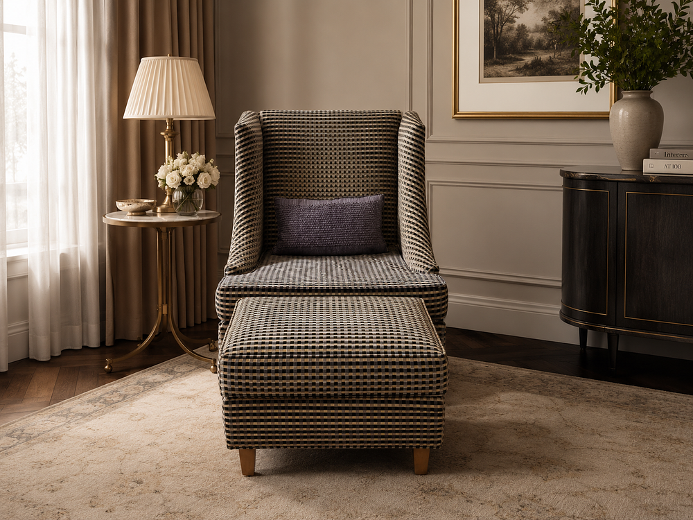 Lot 474: A pair of Contemporary Art Deco Revival Wingback Accent Chair and Matching Footstool