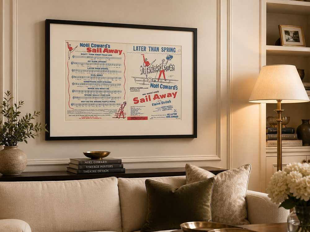 Lot 526: A Framed Vintage Sheet Music Print – Noël Coward's "Sail Away" & "Later Than Spring"