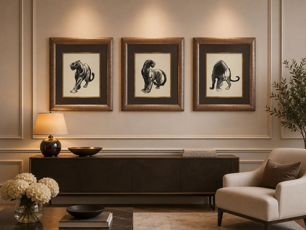 Lot 577: A Set of 3 x Contemporary Art Deco Style Black Panther Prints, After Paul Jouve
