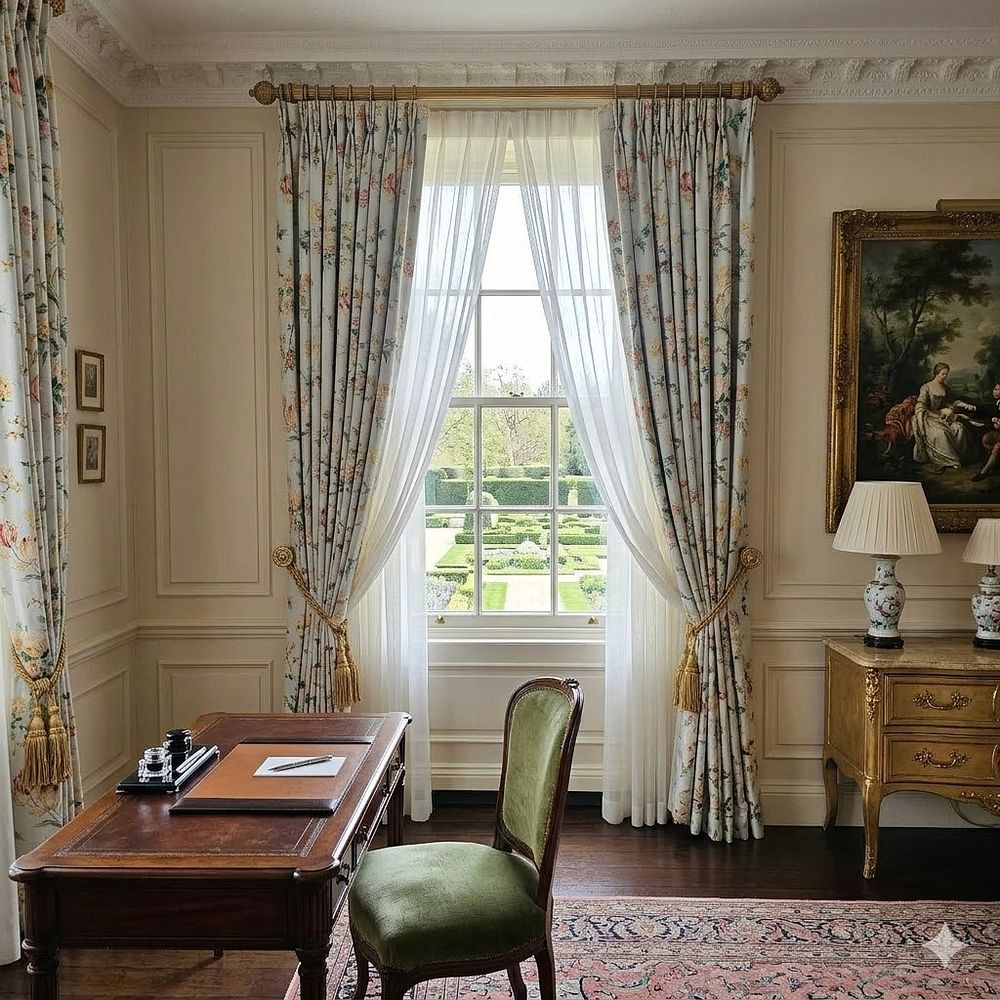 Lot 592: 3 x Pairs Luxury Window Drapery Suite Comprising Silk Interlined Curtains and Coordinating Show
