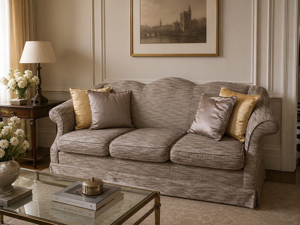 Lot 603: Classic Three Seater Sofa camelback or triple-hump contoured backrest that slopes gracefully down