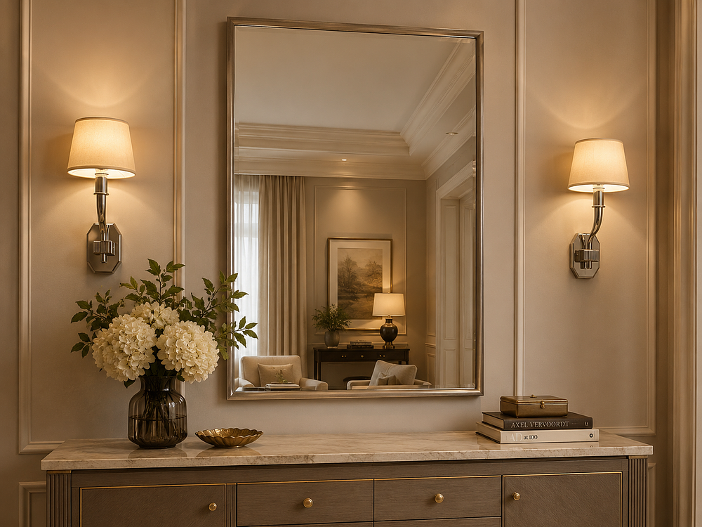 Lot 997: A Matching Pair of Large Contemporary Silver Bathroom Mirrors pair of large